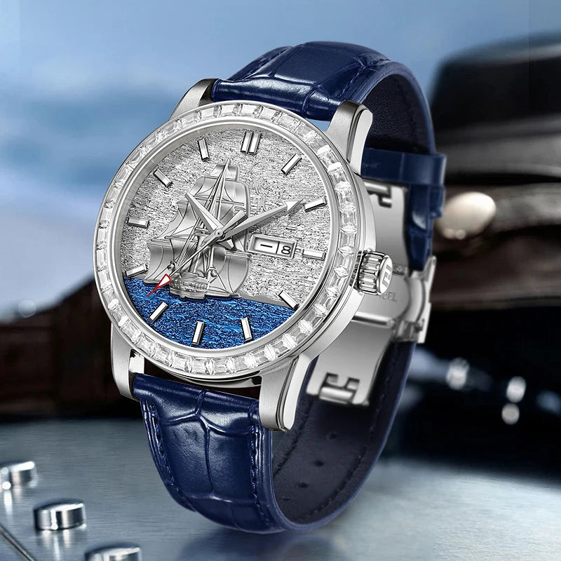 Automatik Herrenuhr mit Diamant-Einlage – Mechanische Luxusuhr Trendlook